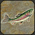 Rising stone mosaic fish with painted details.
